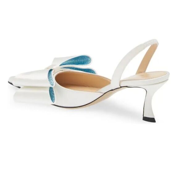 MACH & MACH La Cadeau Bow Pointed Toe Slingback Pump in White (Blue Crystals) - Picture 4 of 9